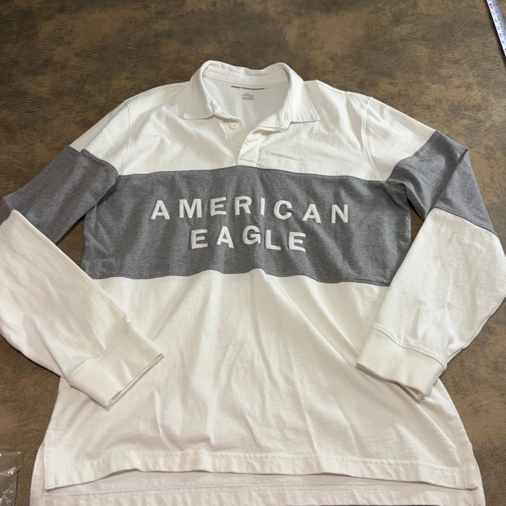 American Eagle Rugby Shirt Mens Large White Grey Embroidered Long‎ Sleeve Polo